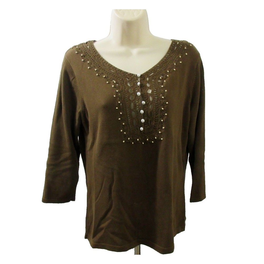 Escapade Sweater Sz Medium Brown Pullover Scoop Neck Pearl Button Front Beaded